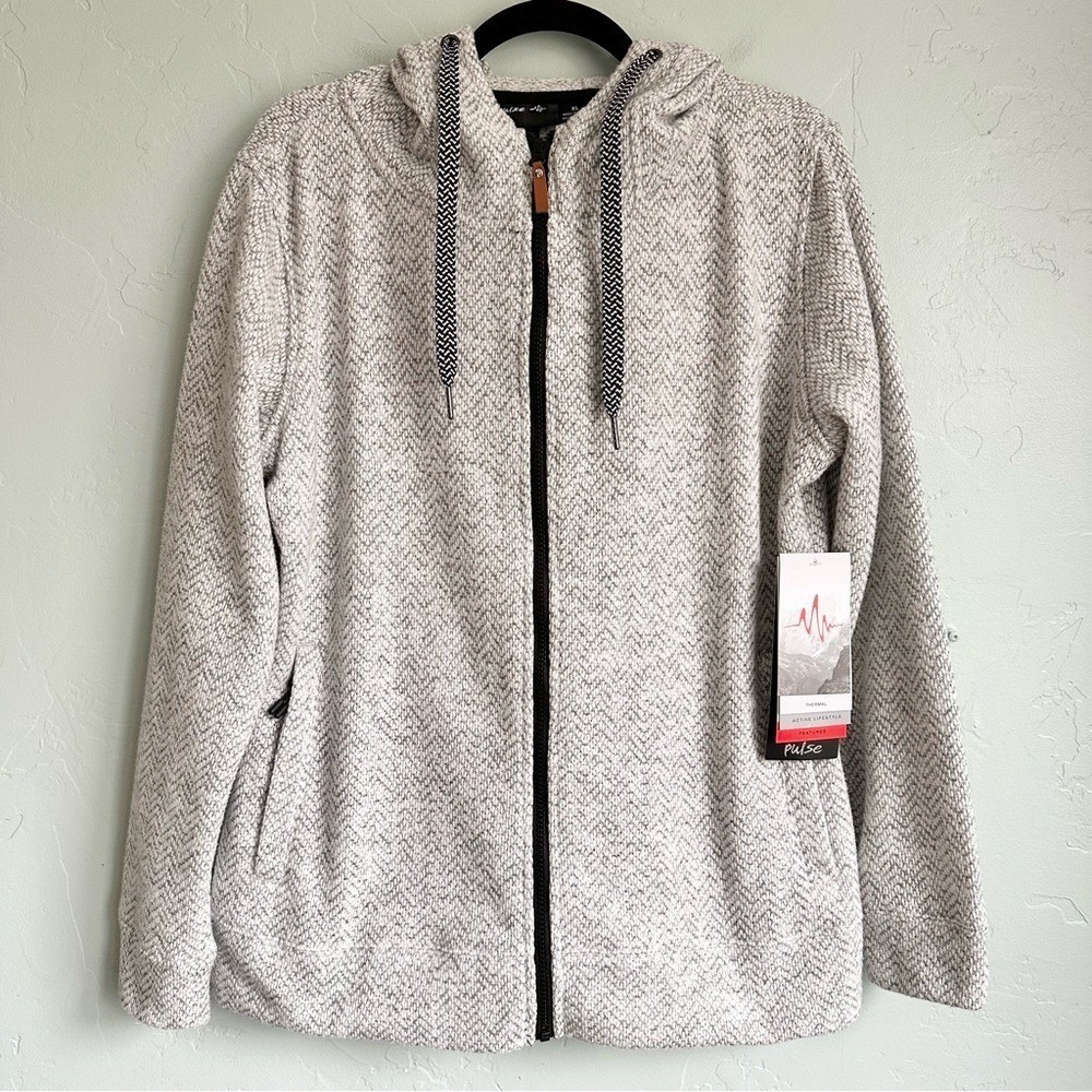 Pulse Women's Cozy Gray Herringbone‎ Fleece Hooded Zip Up Jacket Size XL NWT